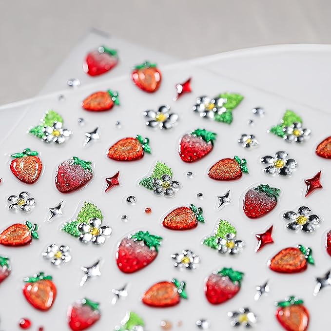 1 Sheet Strawberry Nail Art Sticker 5D Embossed Self-Adhesive Gold Print Strawberry Fruit Nail Art Sticker Women Girls DIY Nail Decoration