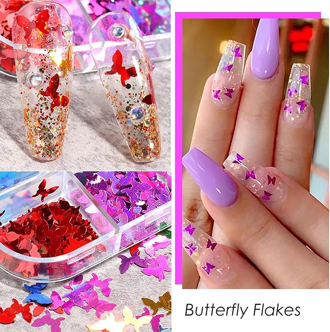 Laser Glitter Butterfly Nail Art Sequins, 3D Butterflies Sparkly Flakes Decoration-12 Colors Holographic Butterfly Shiny Design Supplies for Fingernail and Toenail Nail Accessories DIY Face Makeup