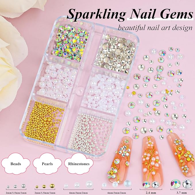 4 Boxes 3D Flower Nail Charms and Gems - Pink/White Nail Flower & Bow Charms Crystal AB Clear Gemstones Silver/Gold Caviar Beads White/AB Pearls for Women DIY Manicure Crafts (20-S4-PinkWhite)