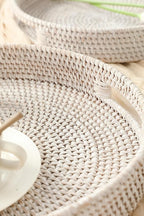 HITOMEN 14.2" Hand-Woven Round Rattan Serving Tray Decorative Ottoman Wicker - Image 3