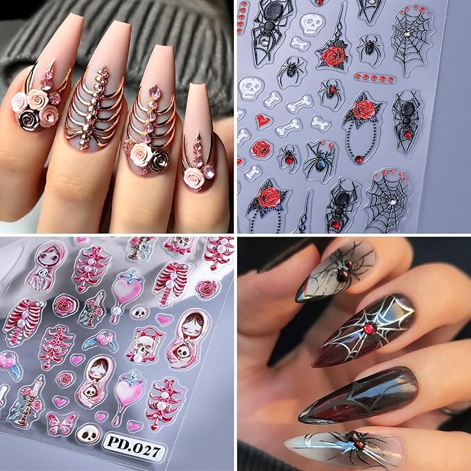 2Sheets Halloween Nail Art Stickers 5D Embossed Pink Skeleton Heart Nail Decals Self-Adhesive Spider Web Spider Stickers with Rhinestone Charms Design Nail Decal Rose Skull Nail Sticker for Women