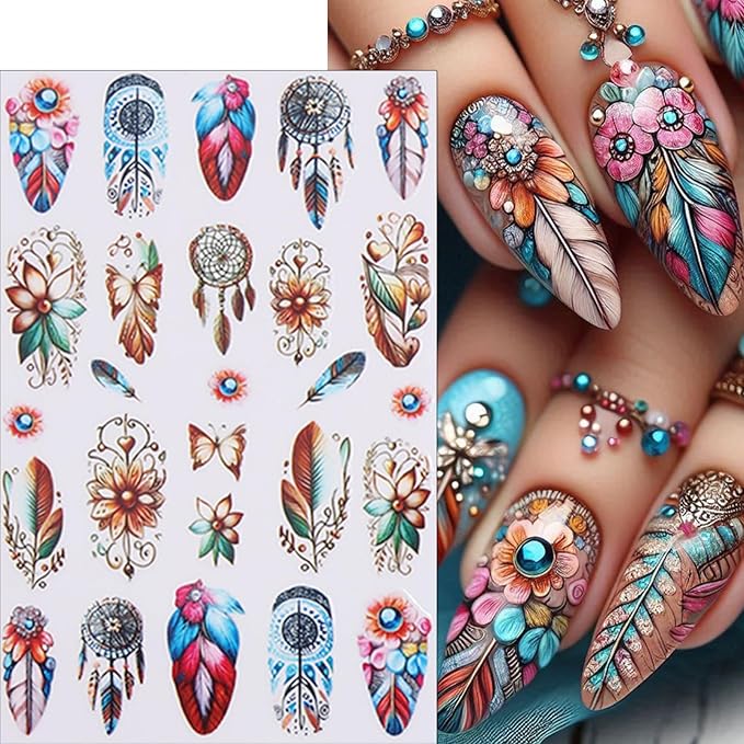 Bohemian Style Nail Stickers - Boho Chic Dreamcatcher Ethnic Tribal Feathers Self-Adhesive 3D Nail Decals for Women DIY Totem Manicure(4 Sheets)