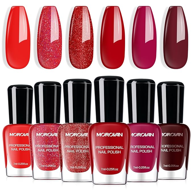Morovan Red Nail Polish Set: Glitter Bright Burgundy Cherry Christmas Red Fingernail Polish Kit Shimmer Sparkle Air Quick Dry Nail Polish Pack for Nail Art Manicure Holiday Party Gift for Women Girls