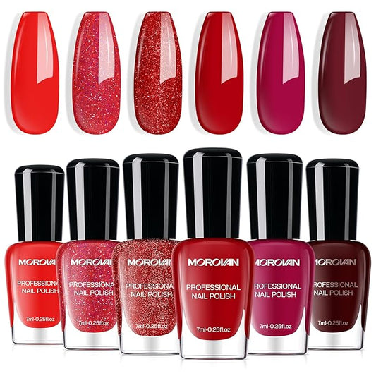 Morovan Red Nail Polish Set: Glitter Bright Burgundy Cherry Christmas Red Fingernail Polish Kit Shimmer Sparkle Air Quick Dry Nail Polish Pack for Nail Art Manicure Holiday Party Gift for Women Girls