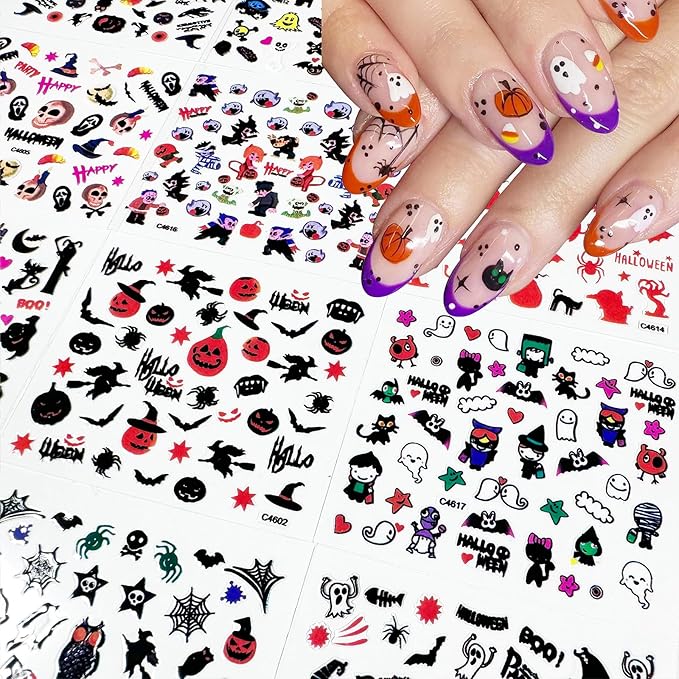 24 Sheets Halloween Nail Art Stickers 3D Self-Adhesive Nail Decals Scary Ghost Face Nail Supplies Spider Web Skull Witch Bat Designs Acrylic Nail Accessories for Women Kids DIY Manicure Decorations