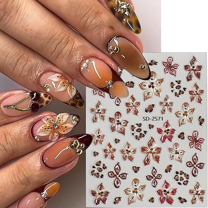 3 Sheets Flower Nail Stickers for Nail Art 5D Self-Adhesive Embossed Cute Floral Nail Art Stickers Leopard Nail Decals Summer Fall Flowers Nail Design Sticker for Women Nails Decoration