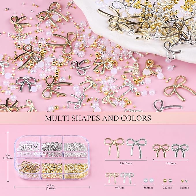 3D Metal Bowknot & AB Pearl and Mini Beads Nail Art Kit - Gold/Silver Alloy Bowknot, 1-2mm Stainless Steel Caviar Beads, 3mm Half Pearls for Professional Salon & DIY Manicure Jewelry Designs (Set 4)