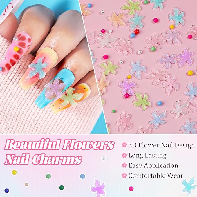 300Pcs Flower Nail Charms Kit, 100Pcs 3D Embossed Hawaii Floral Charms and 100Pcs Nail Pearls with 100Pcs Macaron Beads, Colorful Hibiscus Summer Flowers Mini Gems Round Beads for Nails DIY