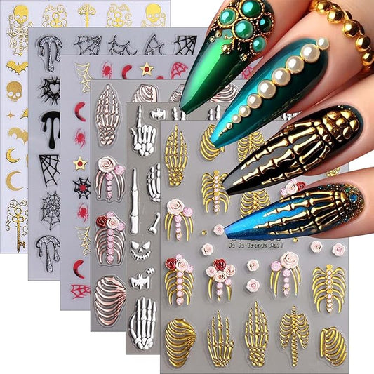 ONPRESS 6Sheet Halloween Nail Stickers 5D Embossed Skeleton Skull Nail Art Stickers Pink Hand Bone Rose Flower Nail Decals Self-Adhesive Gothic Scary Gold Nail Decor Manicure Accessories for Holiday