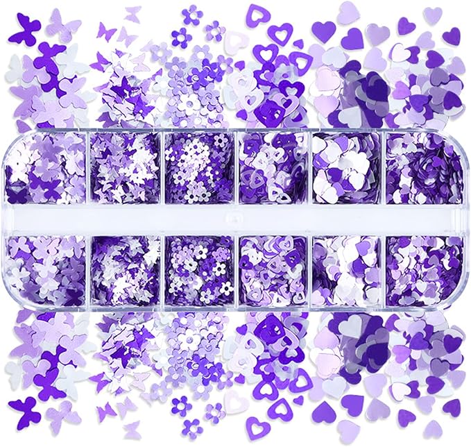 Holographic Purple Glitter Nail Art Sequins, 3D Glitters Flakes Nail Art Design, Love Heart Flowers Butterflies Acrylic Nails Supplies Accessories False Fingernails Manicure Charms Decorations Set