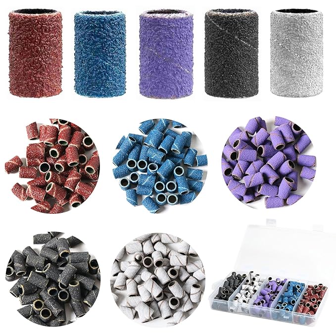INNOLIFE 250Pcs Sanding Bands for Nail Drill, Nail Drill Sanding Bits, 5 Color Coarse Fine 80#120#150#180#240# Grits for Acrylic Nails, Manicures, and Pedicures Tools