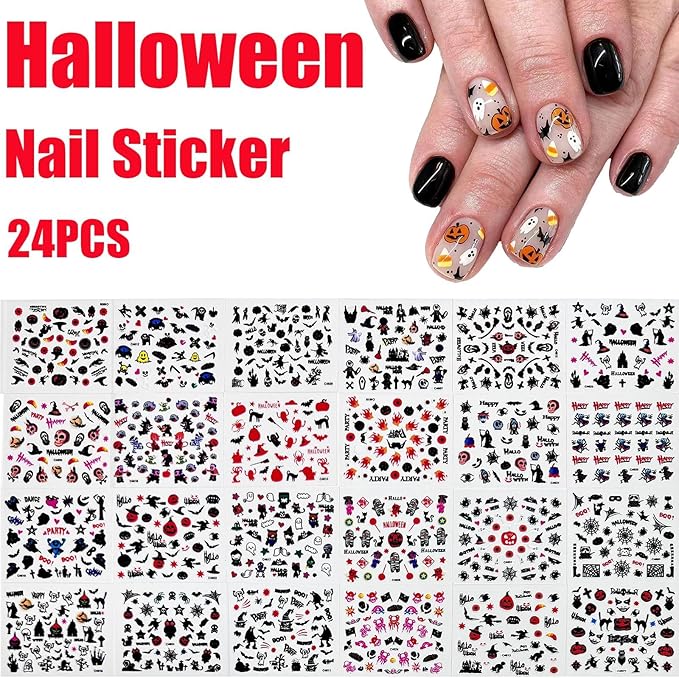 30 Sheets Halloween Nail Stickers Pumpkin Ghost Face Nail Charms Decals 3D Self Adhesive Spider Web Cat Bat Manicure Art Sticker for Acrylic Nails DIY Decorations