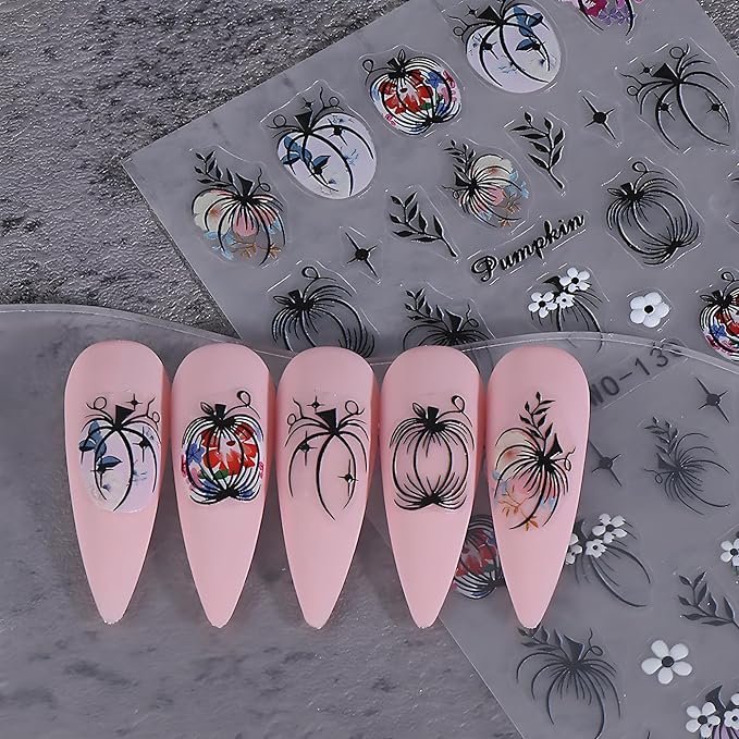 Halloween Nail Art Stickers, Halloween Pumpkin Nail Decals 3D Embossed with Grass Flowers Star Design 2PCS Pumpkin Nail Art Supplies for Women Decoration