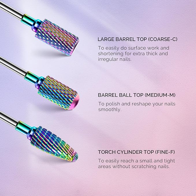 MelodySusie Nail Drill Bits Set, 7pcs Tungsten Carbide Diamond Nail Drill Bits for Acrylic Nails Poly Gel Cuticle Remove, 3/32'' Professional Nail Bits for Nail Drill Efile, Manicure Pedicure Tools