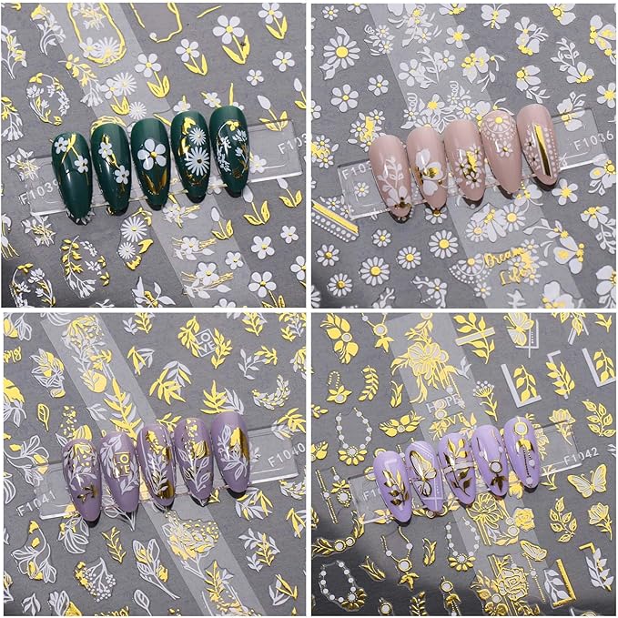 8 Sheets Gold Flower Nail Stickers - 3D Self-Adhesive Leaf Art Decals for Spring Designs - Manicure Decorations for Women, Style8