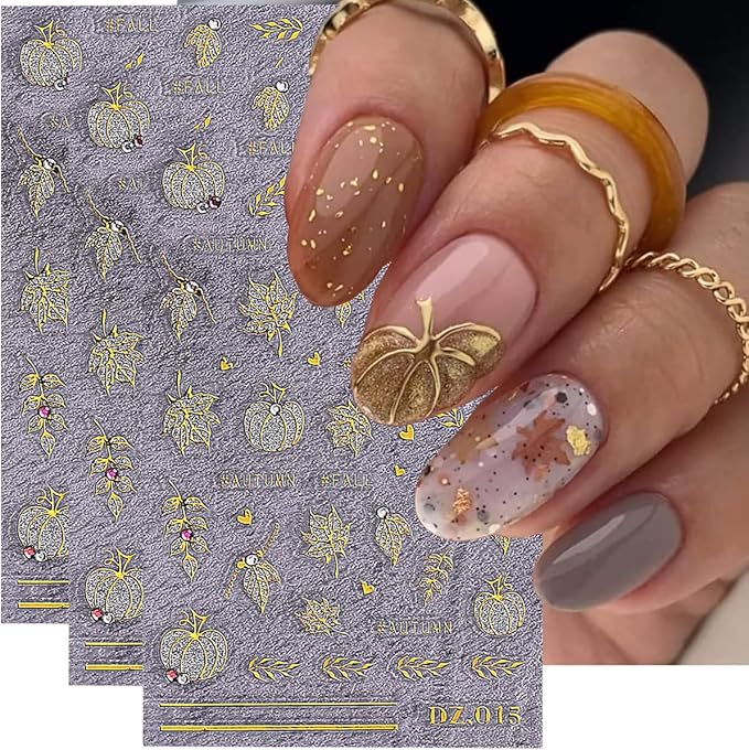 Fall Nail Art Stickers Autumn Maple Leaf Nail Decals with Rhinestone 3PCS Gold Maple Leaves Pumpkin Nails Design Self-Adhesive Fall Nail Stickers for Women Thanksgiving Day Manicure Nails Decoration