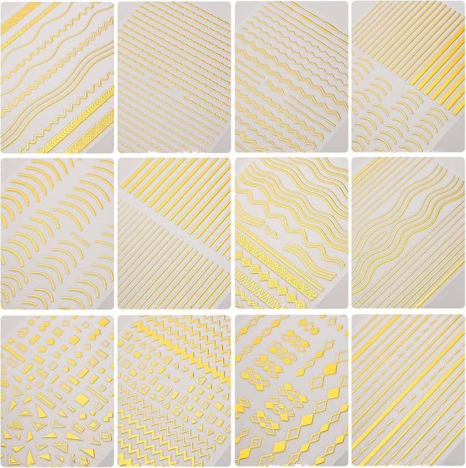 12 Sheets Gold Line Nail Art Stickers - French Smile Waves Strip Self-Adhesive Nail Decals for DIY Geometric Manicure
