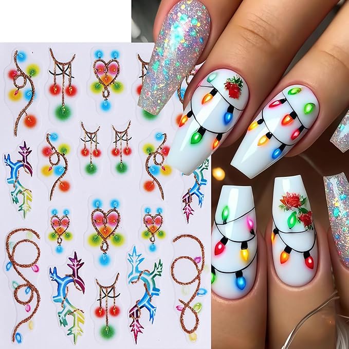 6 Pcs Christmas Nail Art Stickers 3D Self-Adhesive Colorful Light String Design Nail Decals Gold Glitter Christmas Tree Snowball Elk Holly Leaf Nail Supplies DIY Christmas Nail Decoration for Women