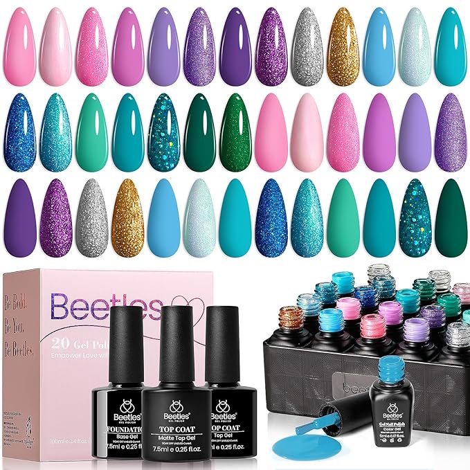 Beetles Purple Gel Nail Polish Set, 20 Colors Blue Green Pink Purple Shimmer Glitter Mermaid Gel Polish Kit with Base Top Coat Soak off Uv Nail Art Christmas Gifts for Women