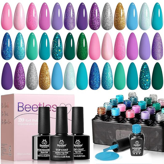 Beetles Purple Gel Nail Polish Set, 20 Colors Blue Green Pink Purple Shimmer Glitter Mermaid Gel Polish Kit with Base Top Coat Soak off Uv Nail Art Christmas Gifts for Women