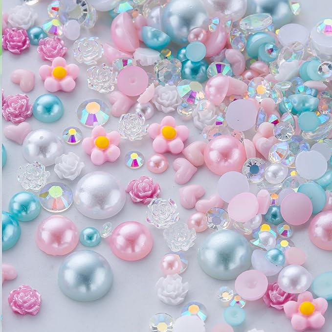 160g Cyan Pink Flat Back Pearls Rhinestones for Crafts Mixed Size 3mm-10mm AB Color Round Half Pearls Flatback Pearl Beads and Resin Rhinestones Set for Face Art