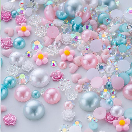 160g Cyan Pink Flat Back Pearls Rhinestones for Crafts Mixed Size 3mm-10mm AB Color Round Half Pearls Flatback Pearl Beads and Resin Rhinestones Set for Face Art