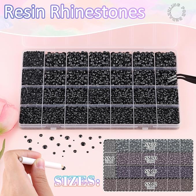32000Pcs Resin Rhinestones for Bedazzling with 3Pcs B7000 Jewelry Glue, Black Flatback Gems Rhinestones for Crafting, Clothing Tumblers Mugs Shoes Fabric Decor Nail Art