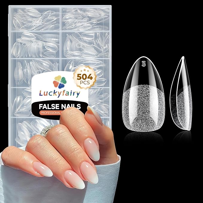 Short Almond Nail Tips: 504pcs Soft Gel Nail Tips Pre Etched Short Fake Nails, Half Matte Full Cover Clear Press on Nails for Nail Extension DIY Home, 12 Sizes Acrylic Gelly Tips
