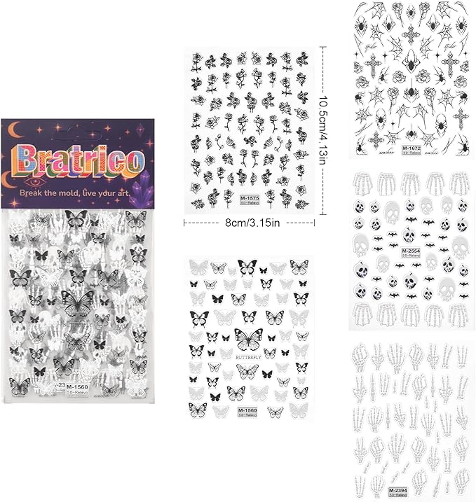 Halloween Nail Decals – 5 Sheets Bratrico 5D Halloween Nail Stickers, Self-Adhesive with Skulls, Bones, Black Butterfly Spiders & Black Roses, Classic Halloween Manicure Set for Women, Girls & Teens