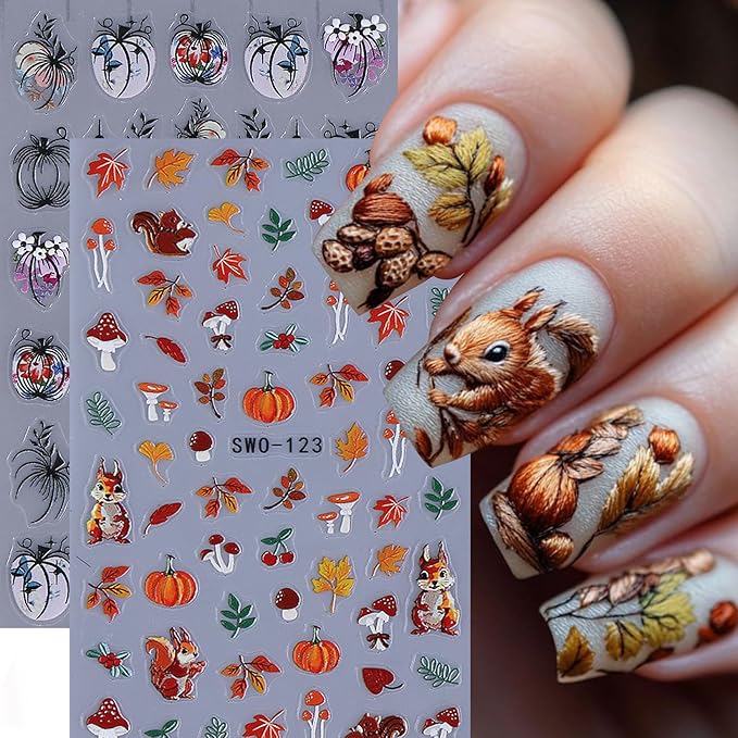 Fall Pumpkin Nail Stickers Decals 10PCS Autumn Maple Leaves Designs for Nails Art Squirrel Mushroom 3D Self-Adhesive Sliders Manicure Fall Nail Art Stickers Supplies for Women DIY Holiday Decoration