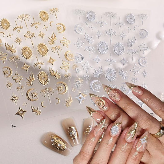 3D Celestial Nail Art Stickers, Gold and Silver Moon Star Design, Self-Adhesive Decals for DIY Nail Decoration, 2 Sheets