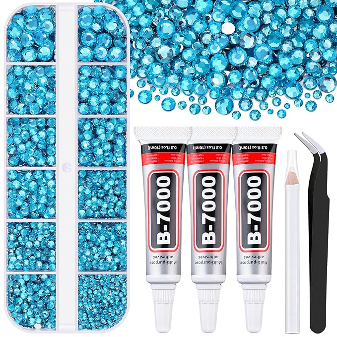 6000Pcs Resin Rhinestones for Bedazzling with 3Pcs B7000 Jewelry Glue, 1 Box Indicolite Flatback Rhinestones for Crafting Crafts DIY, Crystals Gems for Clothing Shoes Tumblers Nail Art Makeup
