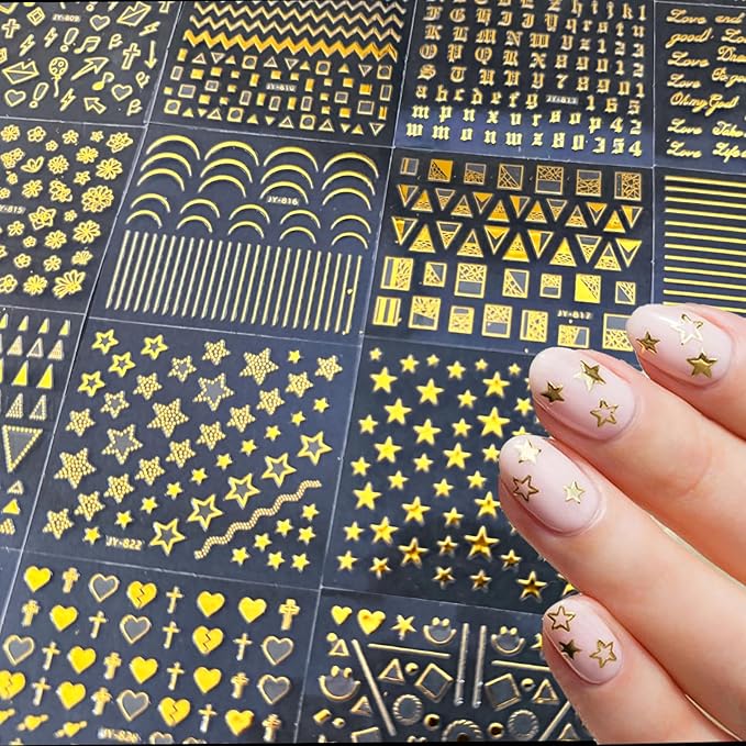 90Sheets Nail Stickers for Nail Art Decals White Flower Gold Aurora Star Moon Heart Line Nail Art Designs 3D Self-Adhesive Nails Supplies with Nail Tweezer for Women Girls Nails Decoration