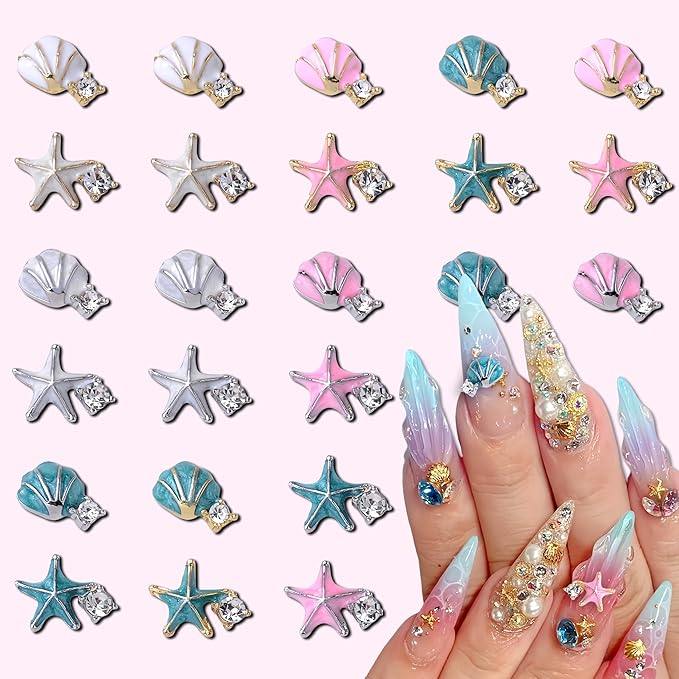 24Pcs Alloy Seashell Starfish Nail Charms for Acrylic Nails 3D Shiny Metal Seashell Starfish Nail Rhinestone Ocean Silver Diamond Starfish Nail Charms Nail Accessories for Women DIY Manicure Decor
