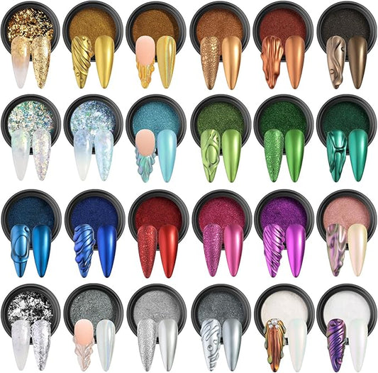 Chrome Nail Powder Set 24 Colors, Mirror Effect Gold Silver Chrome Glitter Powder White Pearl Chrome Powder Iridescent Pigment for Nails Opal Flakes Gold Leaf for Nail Art Decoration
