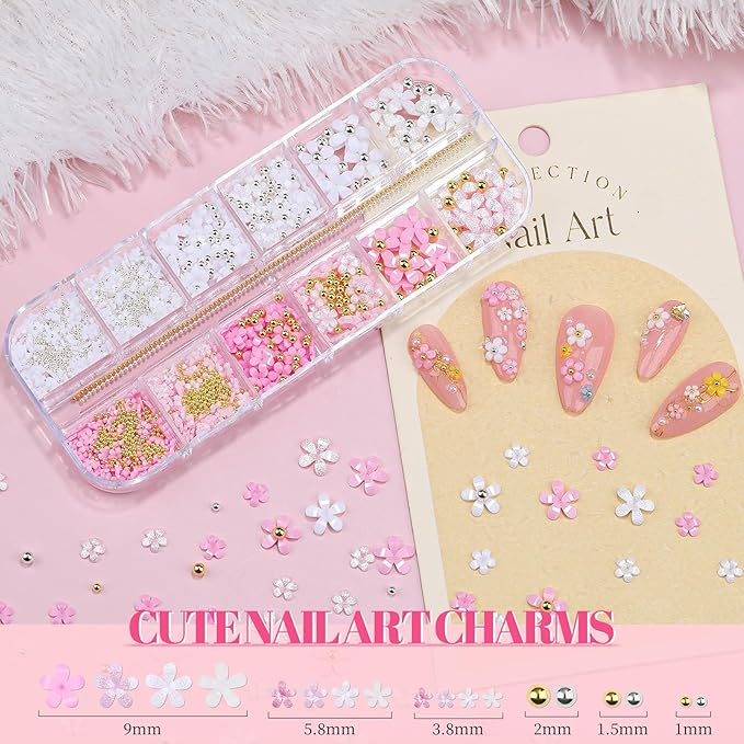 2 Boxes Colorful Flower Nail Charms and Gems, Pink Nail Flower Charms Metal Butterfly Crystal AB Clear Gemstones Silver/Gold Caviar Beads White/AB Pearls with Nail Chain for DIY Nails (5-S2-Mixed2)