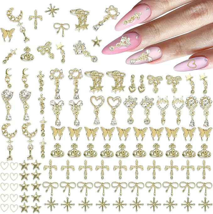 100Pcs Dangle Gold Nail Charms, Gold Cross Star Heart Crown Planet Bows Butterfly Nail Gems Charms, Golden Nails Art Supplies Women DIY Accessories