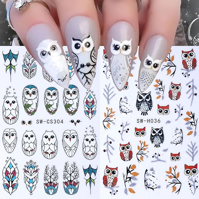 2Sheets Cute Owl Nail Art Stickers 3D Christmas Nail Decals for Acrylic Nails Self-Adhesive Leaves Branches Nail Sticker with Gold Silver Glitter Designs Nail Decal for Women Manicure Decor Supplies