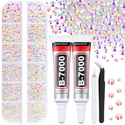 6100Pcs Jelly Resin Rhinestones for Crafting with 2Pcs 10ml B7000 Jewelry Glue, 1 Box Flatback Crystals Diamond (Transparent AB) for Bedazzling Crafts DIY Nail Art Non Hotfix Gems for Clothing Shoes
