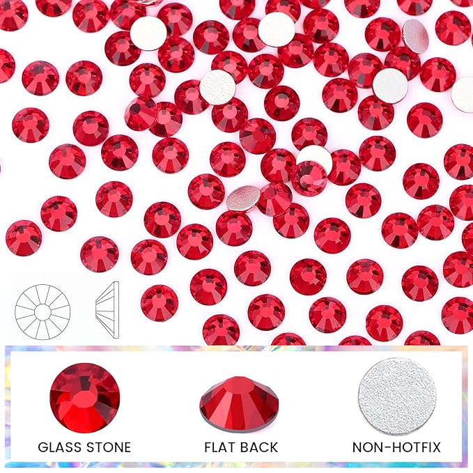 Novani Red Rhinestones, Flatback Crystal Loose Gemstones 1440pcs Glass Rhinestones for Clothes Shoes Crafts Makeup Nail Art and DIY Decorations(SS16, Light Siam)