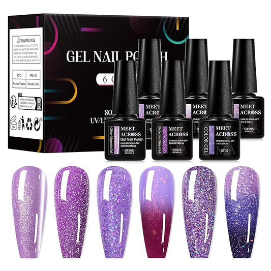 MEET ACROSS Gel Nail Polish Set 6 Pcs Glitter Colors Gel Nail Kit Art Design Soak Off UV LED (SET-12, 6pcs)