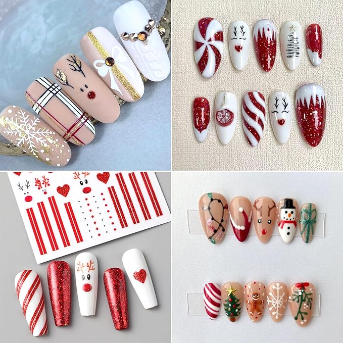 2Sheets Cute Christmas Nail Art Stickers 3D Xmas Elk Design Nail Decals Red Glitter Heart Lines Nail Stickers Self-Adhesive Cute Deer Nail Decal White Star Snowflake Nail Sticker for Women Nails Decor