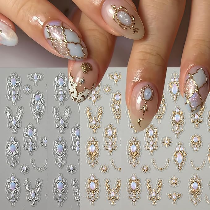 4Pcs 5D Embossed Gemstone Nail Stickers Gold Silver Nail Art Stickers Decals with Gold Mace Design Colorful Rhinestones Nail Stickers for Nail Art Mace Style Nail Decoration for Women Nails Supplies
