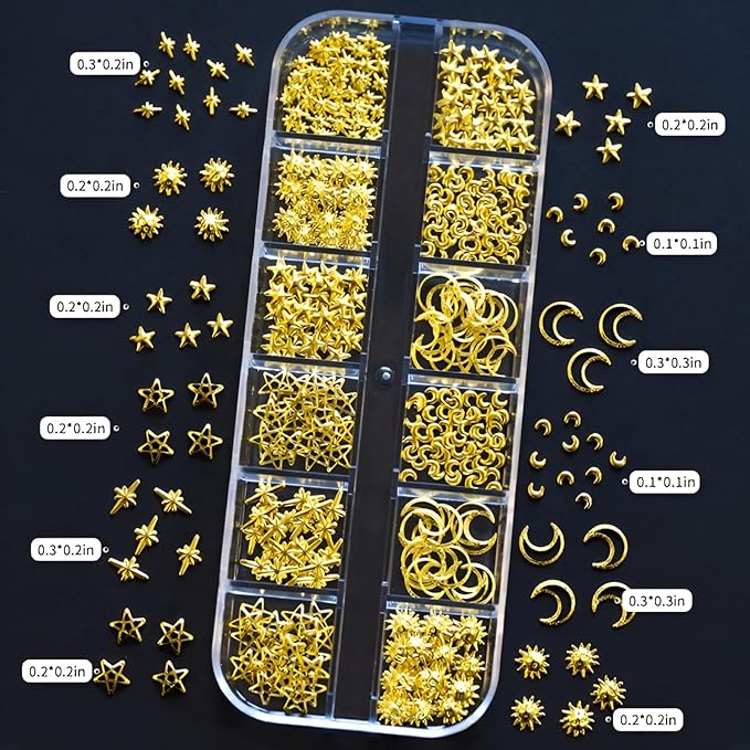 24 Grid Gold Nail Art Charms Moon Star Nail Charms and Gems Gold Nail Rhinestone for Decorations Manicure Supplies Accessories DIY Nail Art Makeup Decoration