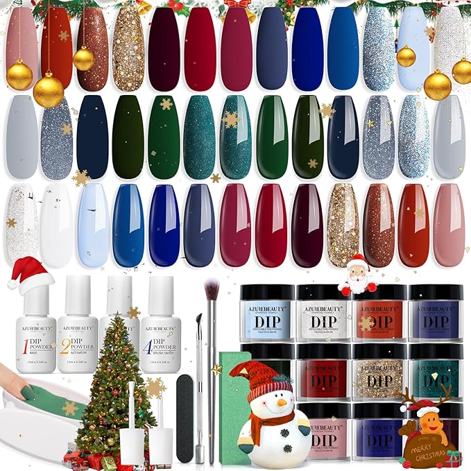 AZUREBEAUTY Dip Powder Nail Kit Starter Christmas Festival Red Green Glitter Blue 31 Pcs 20 Colors Dipping Powder Liquid Set with Top/Base Coat Activator for French Nails Art DIY Salon Gift