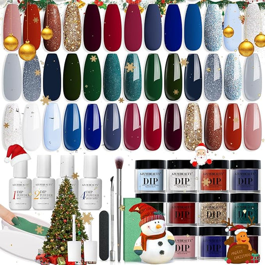 AZUREBEAUTY Dip Powder Nail Kit Starter Christmas Festival Red Green Glitter Blue 31 Pcs 20 Colors Dipping Powder Liquid Set with Top/Base Coat Activator for French Nails Art DIY Salon Gift