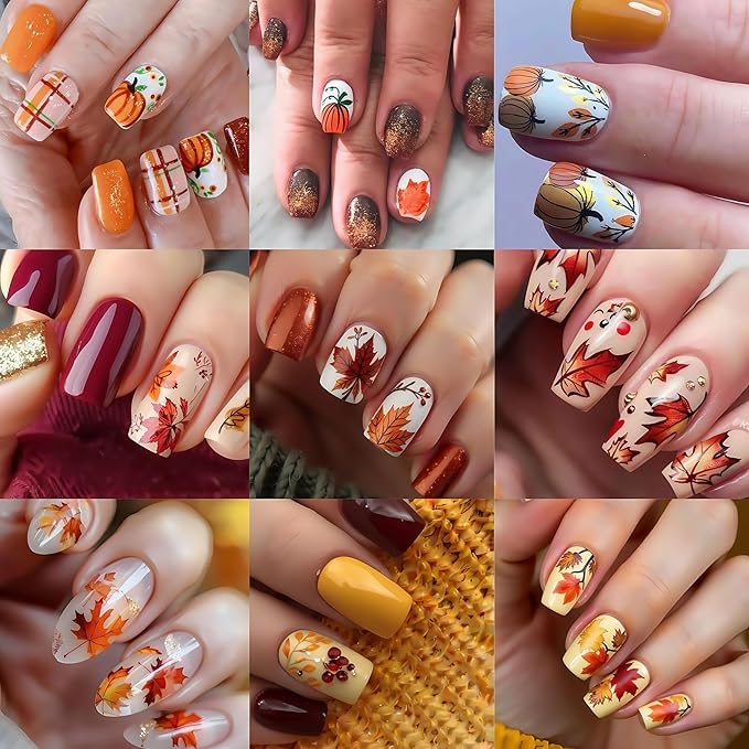 8 Sheets Autumn Maple Leaves Nail Stickers Glitter Pumpkin Nail Decals 3D Self-Adhesive Maple Leaf Nail Art Supplies Fall Ginkgo Leaf Stickers for Nails Thanksgiving Day Women DIY Manicure Decoration