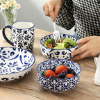 glowworm Cereal Bowls Set of 6, 26 Oz Soup Bowls, Bohemian Blue & White | - Image 4