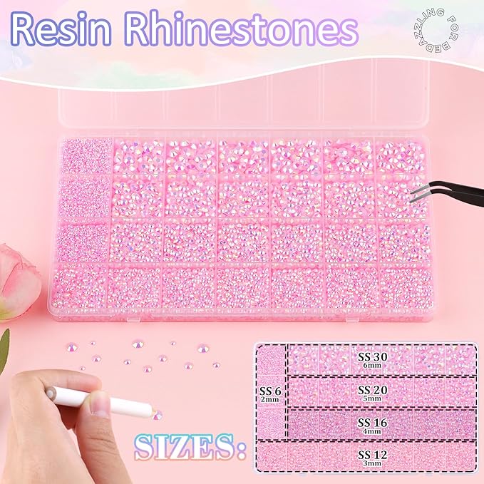 30000Pcs Resin Rhinestones for Bedazzling with B7000 Jewelry Glue, Light Pink AB Flatback Gems Rhinestones for Crafting, Clothing Tumblers Mugs Shoes Fabric Decor Nail Art