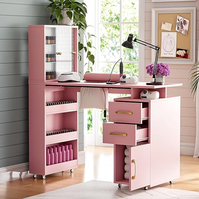 Manicure Table Nail Desk for Nail Tech w/Glass Door Storage Cabinets & Wrist Rest, Beauty Salon Nail Supplies Decor Workstation Acetone Resistant, with Dust Collector (Pink)